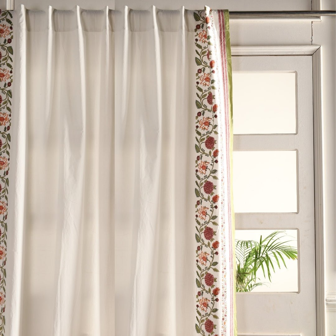 Cotton Window And Door Curtains With Hand Block Printed Floral Pattern Border | 5 / 7 ft|  Handmade In India