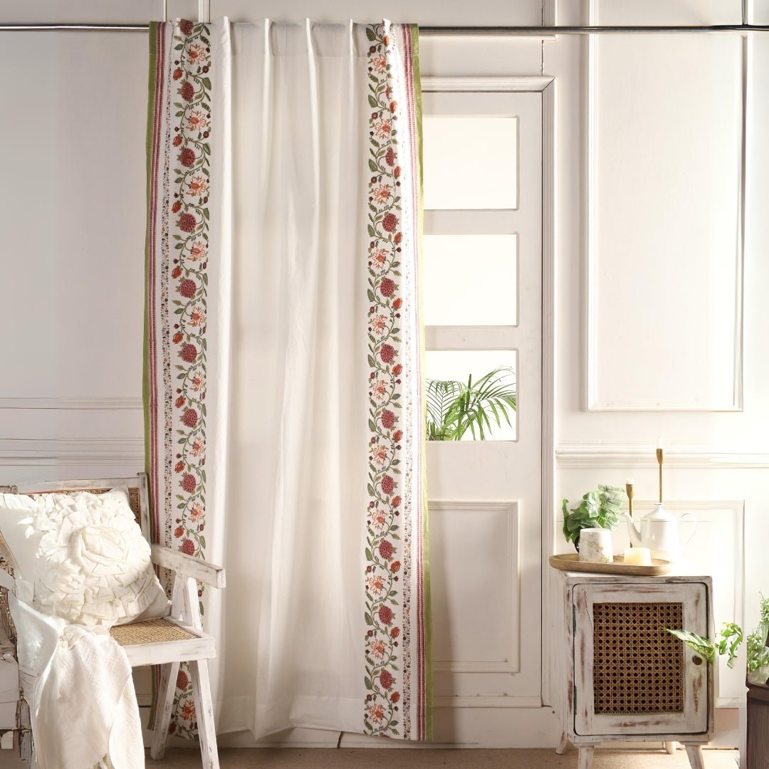 Cotton Window And Door Curtains With Hand Block Printed Floral Pattern Border | 5 / 7 ft|  Handmade In India