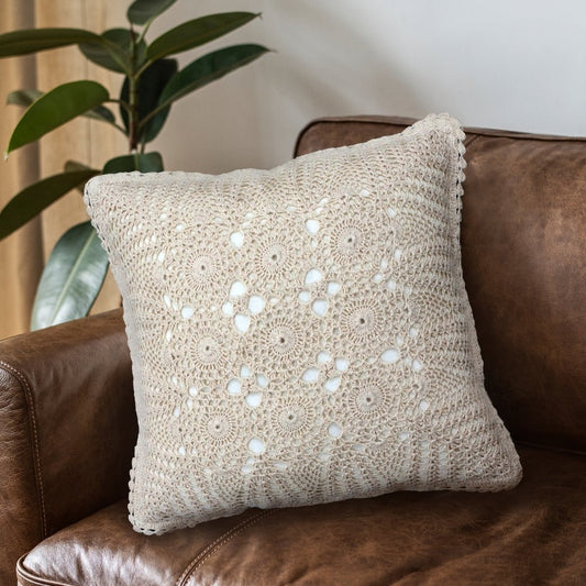 Crochet Cotton Cushion Cover In White | Set Of 1 2 and 4 | 16 x 16 inches | Handmade In India