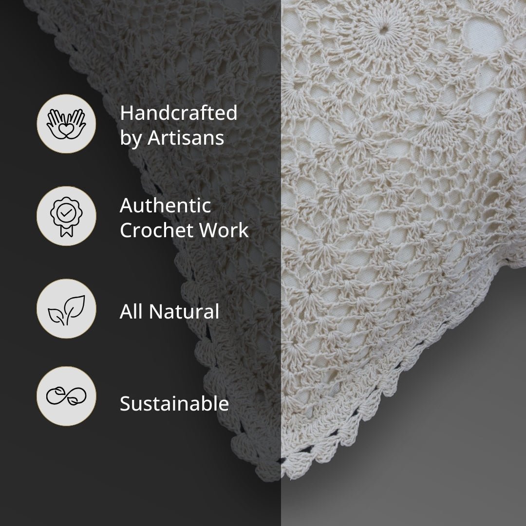 Crochet Cotton Cushion Cover In White | Set Of 1 2 and 4 | 16 x 16 inches | Handmade In India