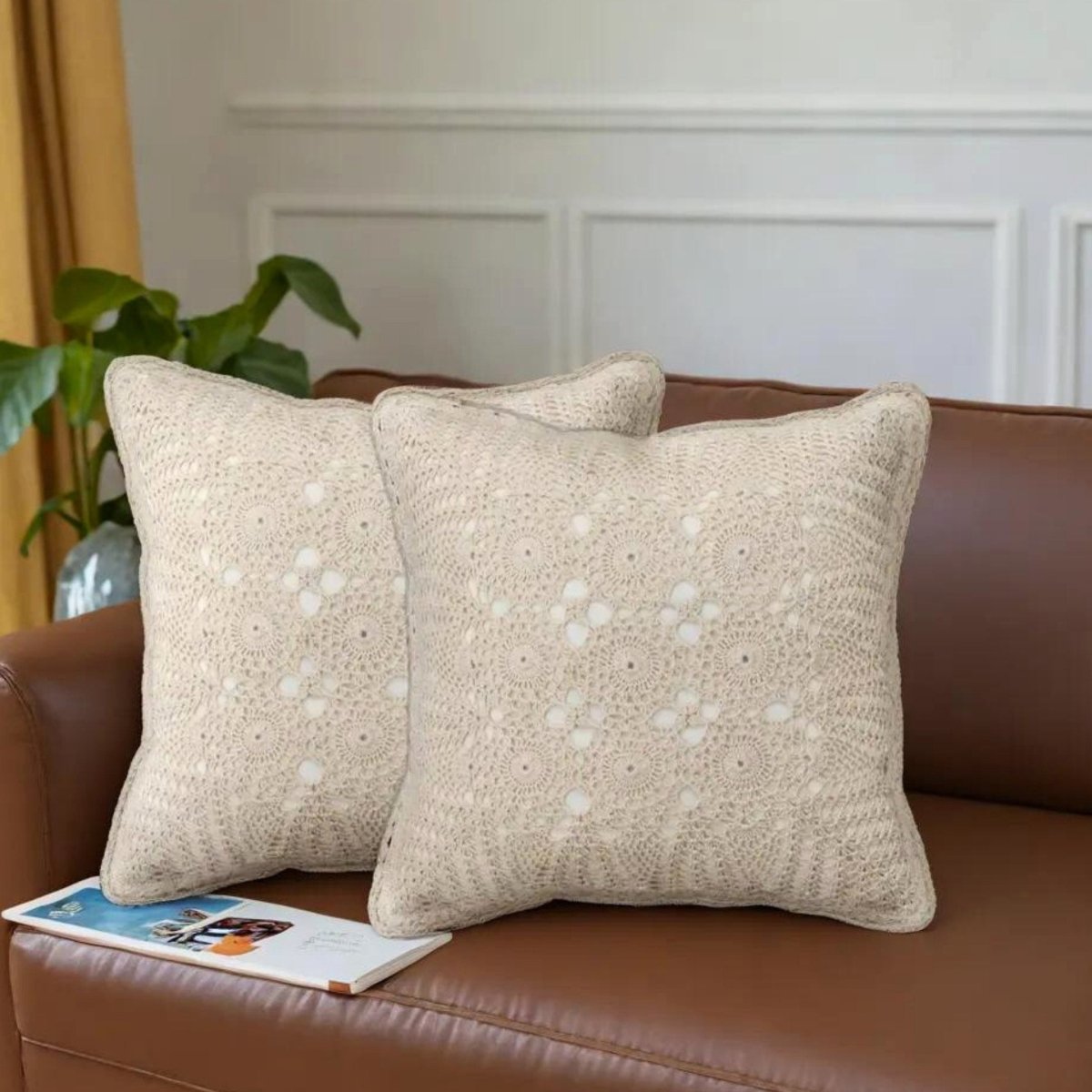 Crochet Cotton Cushion Cover in White Set of 1 2 and 4 | 16 x 16 inches | Handmade