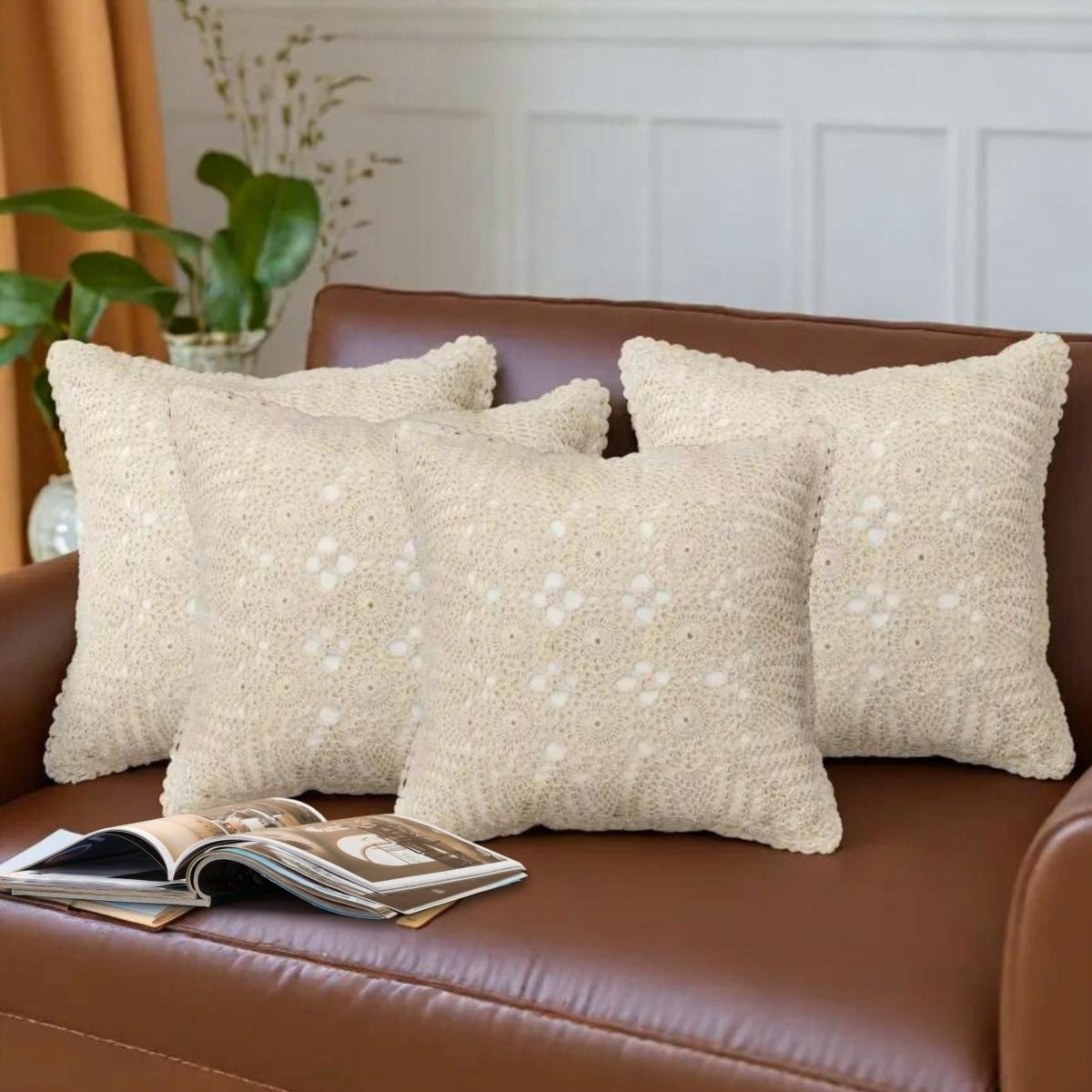 Crochet Cotton Cushion Cover in White Set of 1 2 and 4 | 16 x 16 inches | Handmade