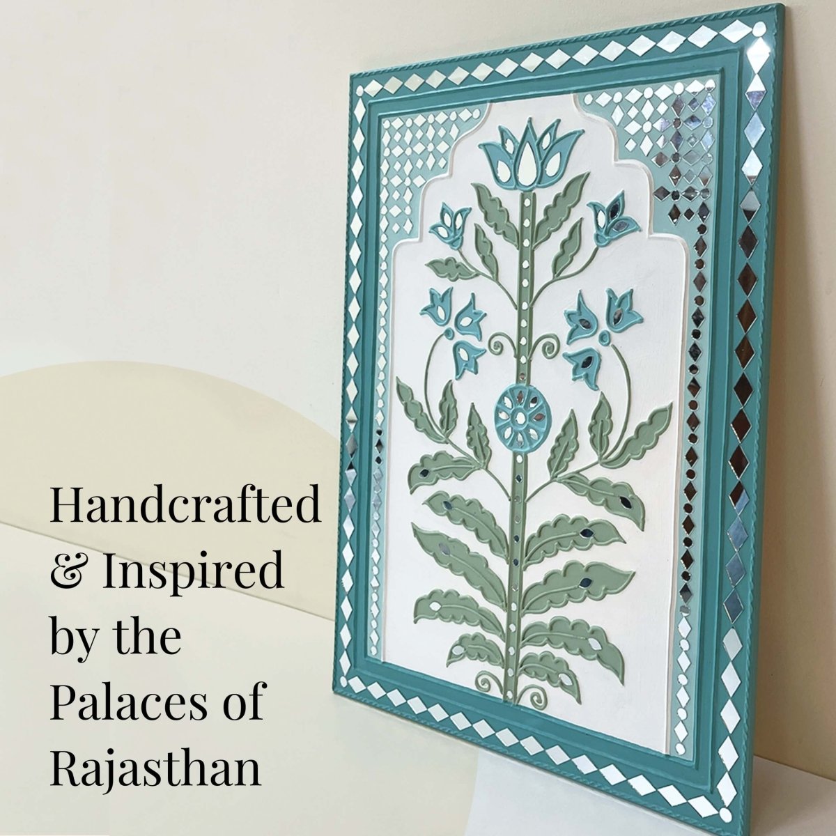 Desert oasis handmade mud art wall hanging, featuring a tranquil scene and rustic appeal