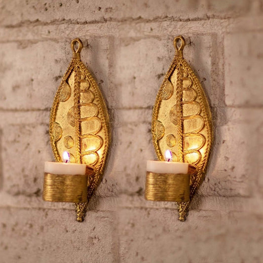 Dhokra Metal Handmade Leaf Tealight Holder (Set of 2)