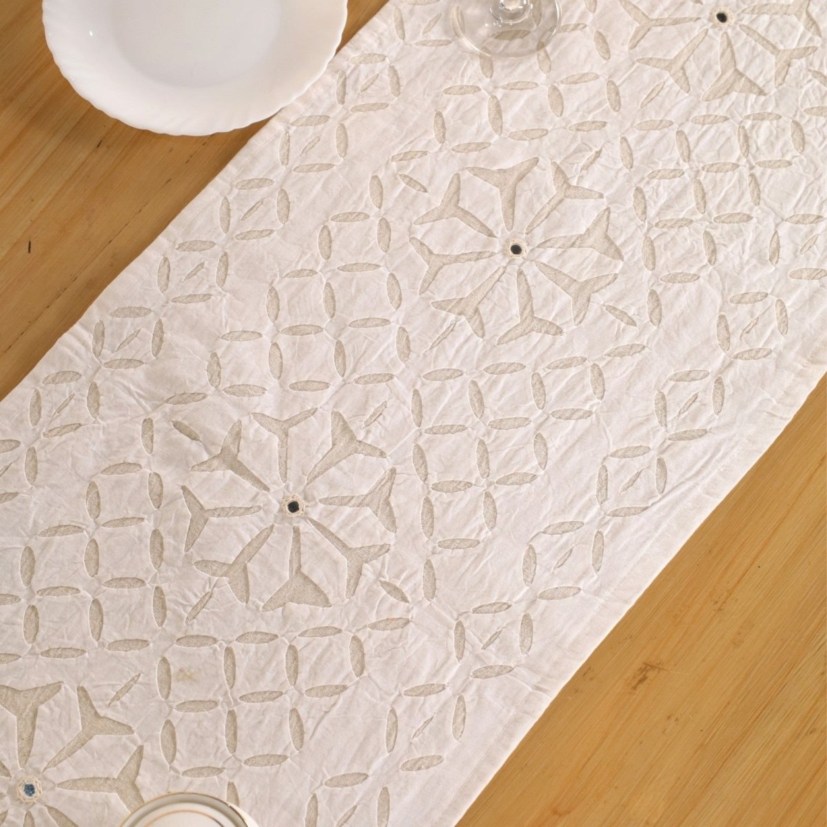 Dining Table Runner In Lily White Applique Cutwork Cotton With Mirrors | Handmade In India