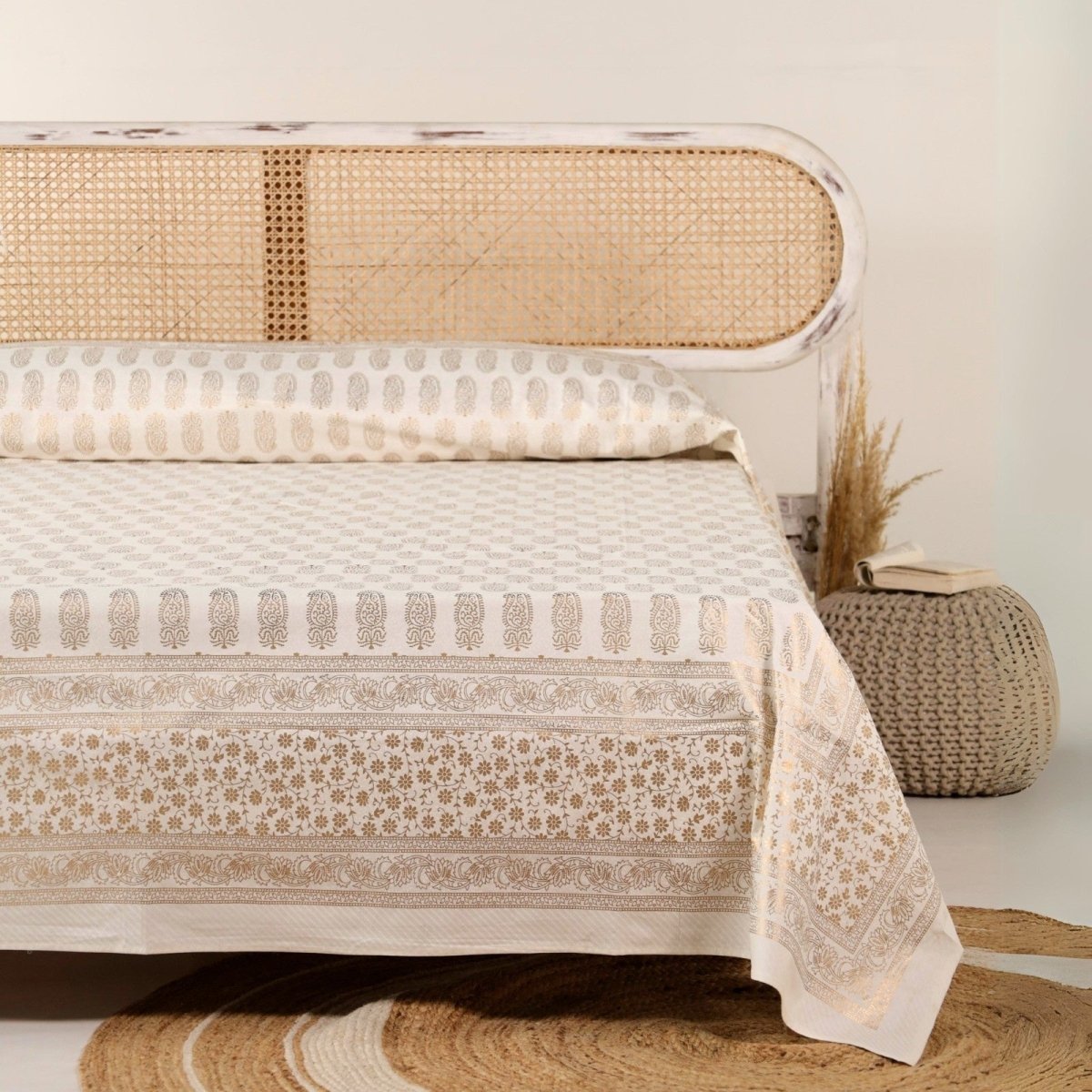 Double Bed Cover Set With Pillow Covers Hand Printed In Gold & White | King Size | Handmade In India