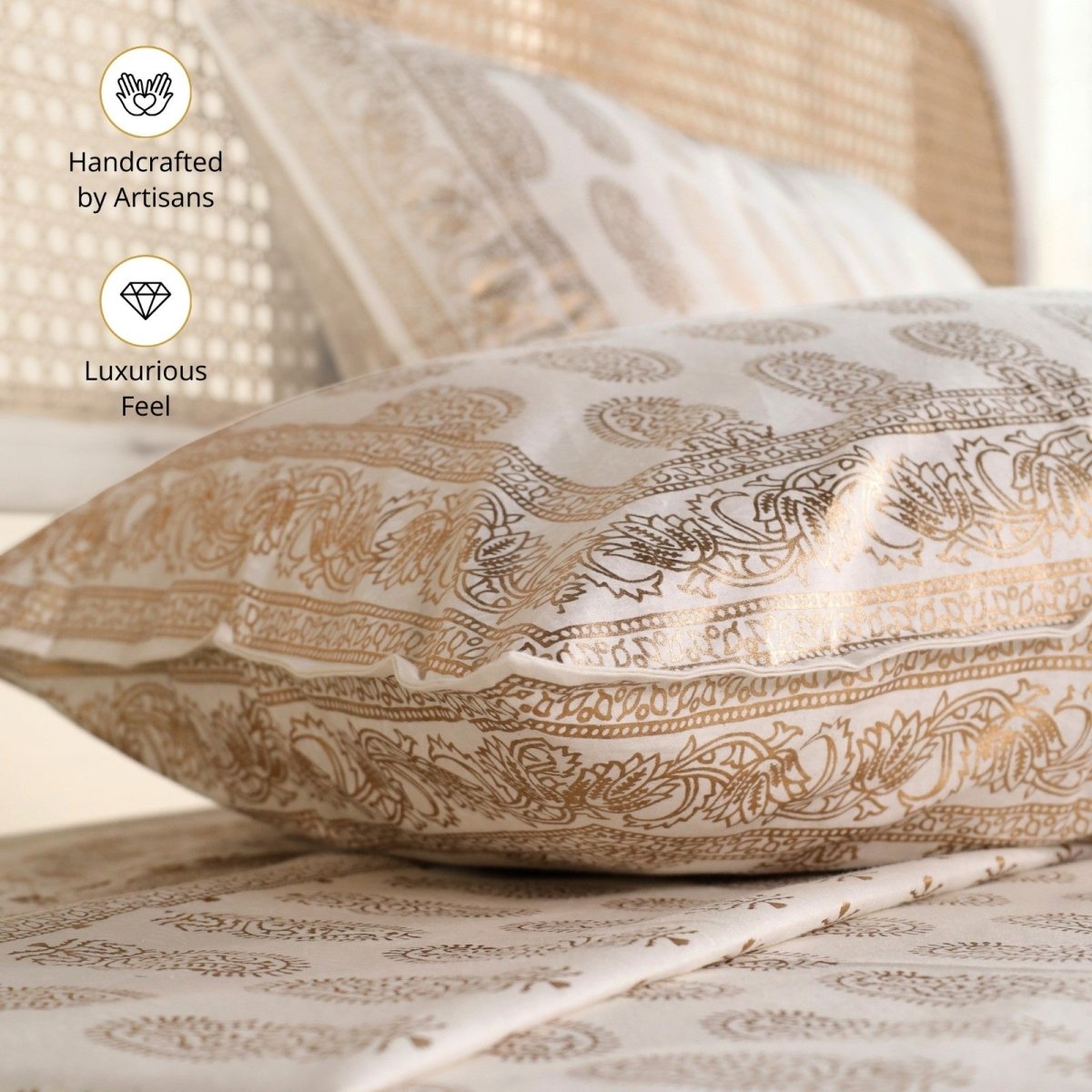 Double Bed Cover Set With Pillow Covers Hand Printed In Gold & White | King Size | Handmade In India