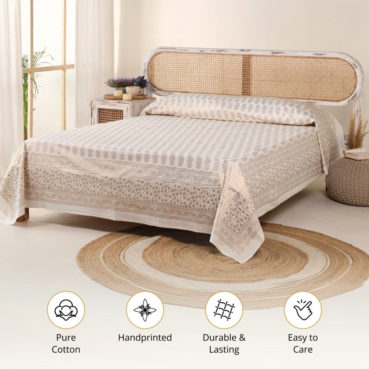 Double Bed Cover Set With Pillow Covers Hand Printed In Gold & White | King Size | Handmade In India