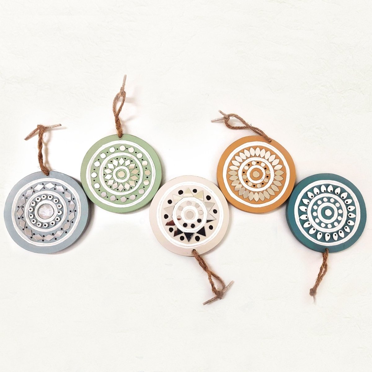 Set of 5 earthen sparkle handmade mud art hanging ornaments, adding a rustic charm 