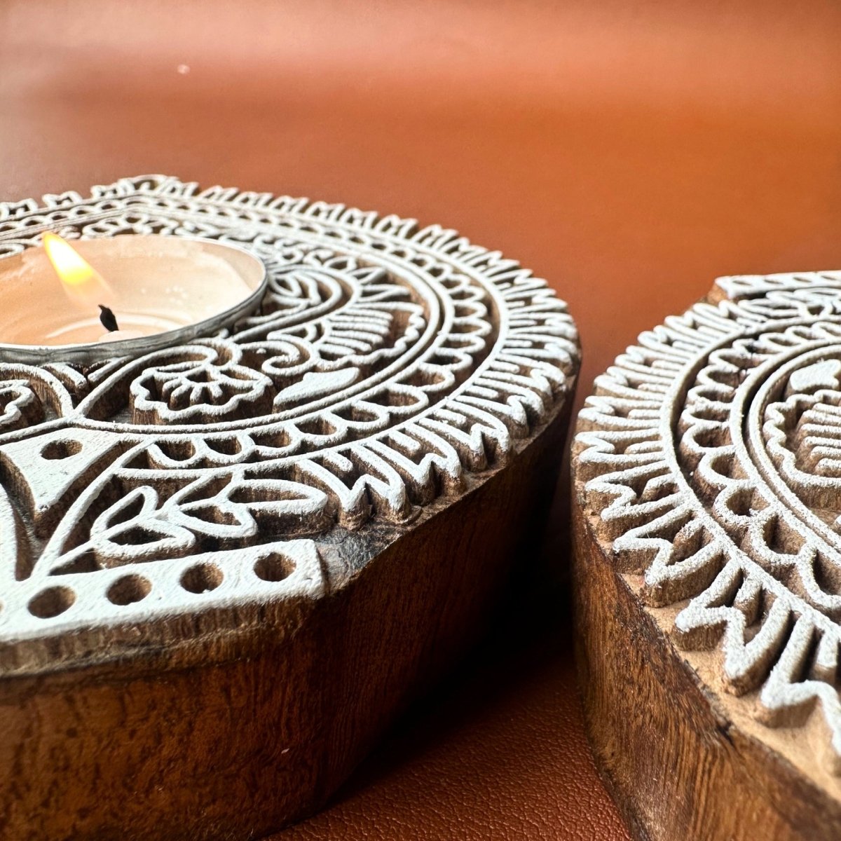 Engraved Wooden Leaf Shaped Diyas - Tea Light Holder