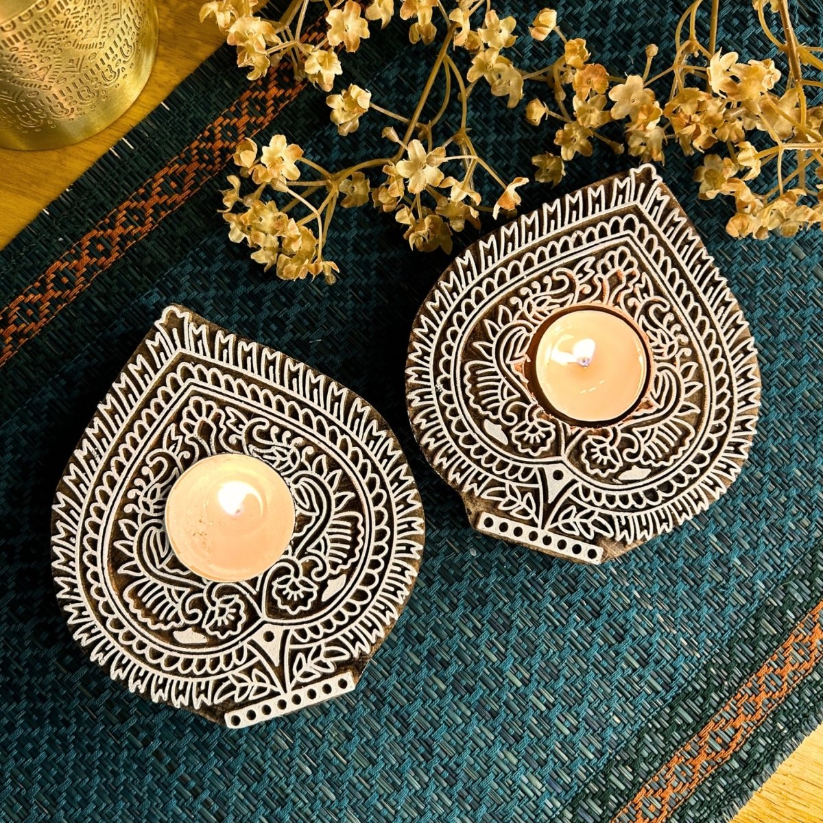 Engraved Wooden Leaf Shaped Diyas - Tea Light Holder