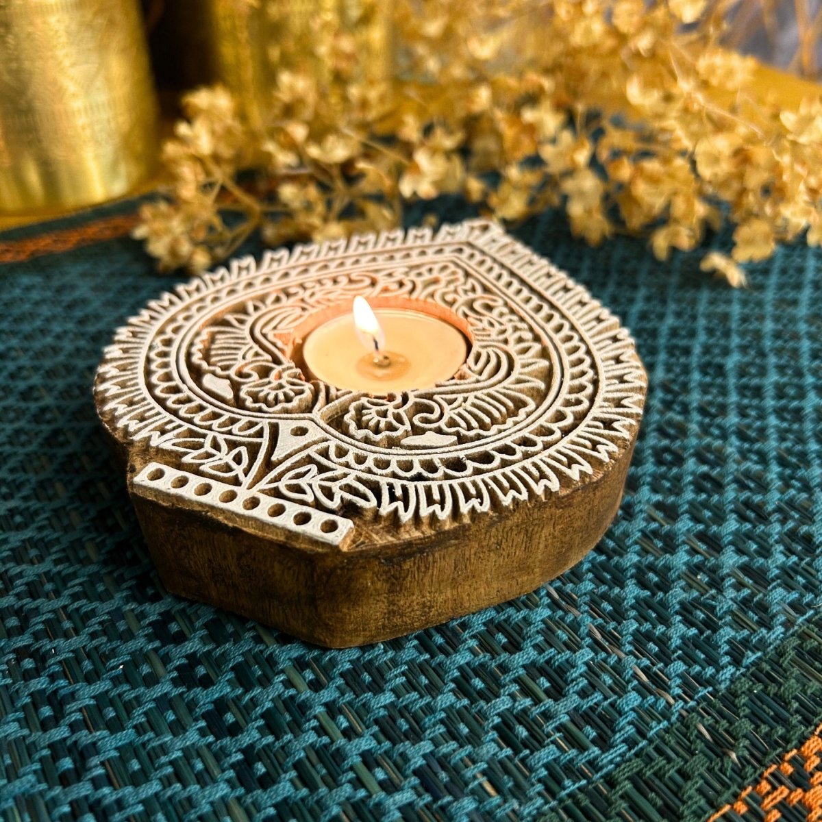 Engraved Wooden Leaf Shaped Diyas - Tea Light Holder