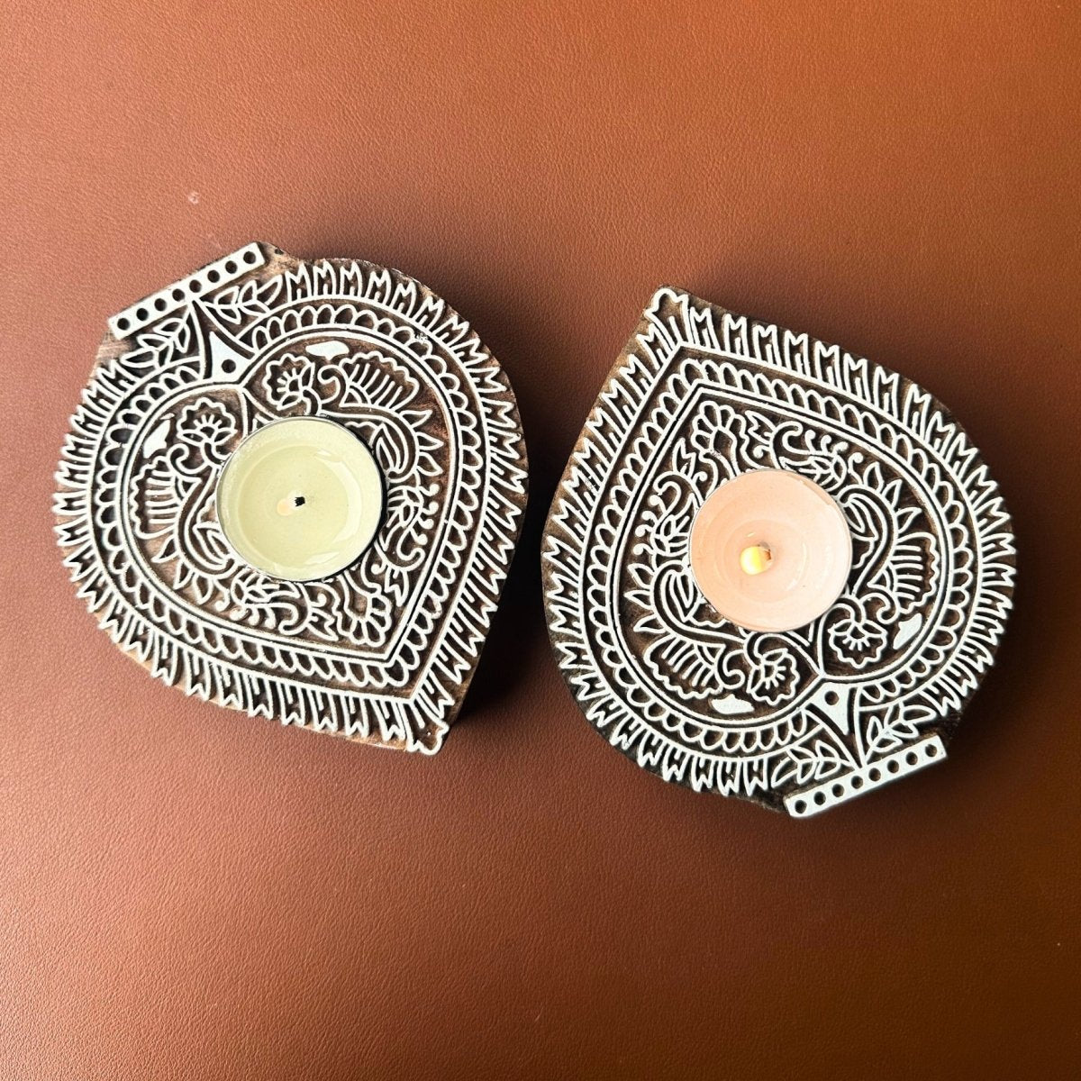 Engraved Wooden Leaf Shaped Diyas - Tea Light Holder