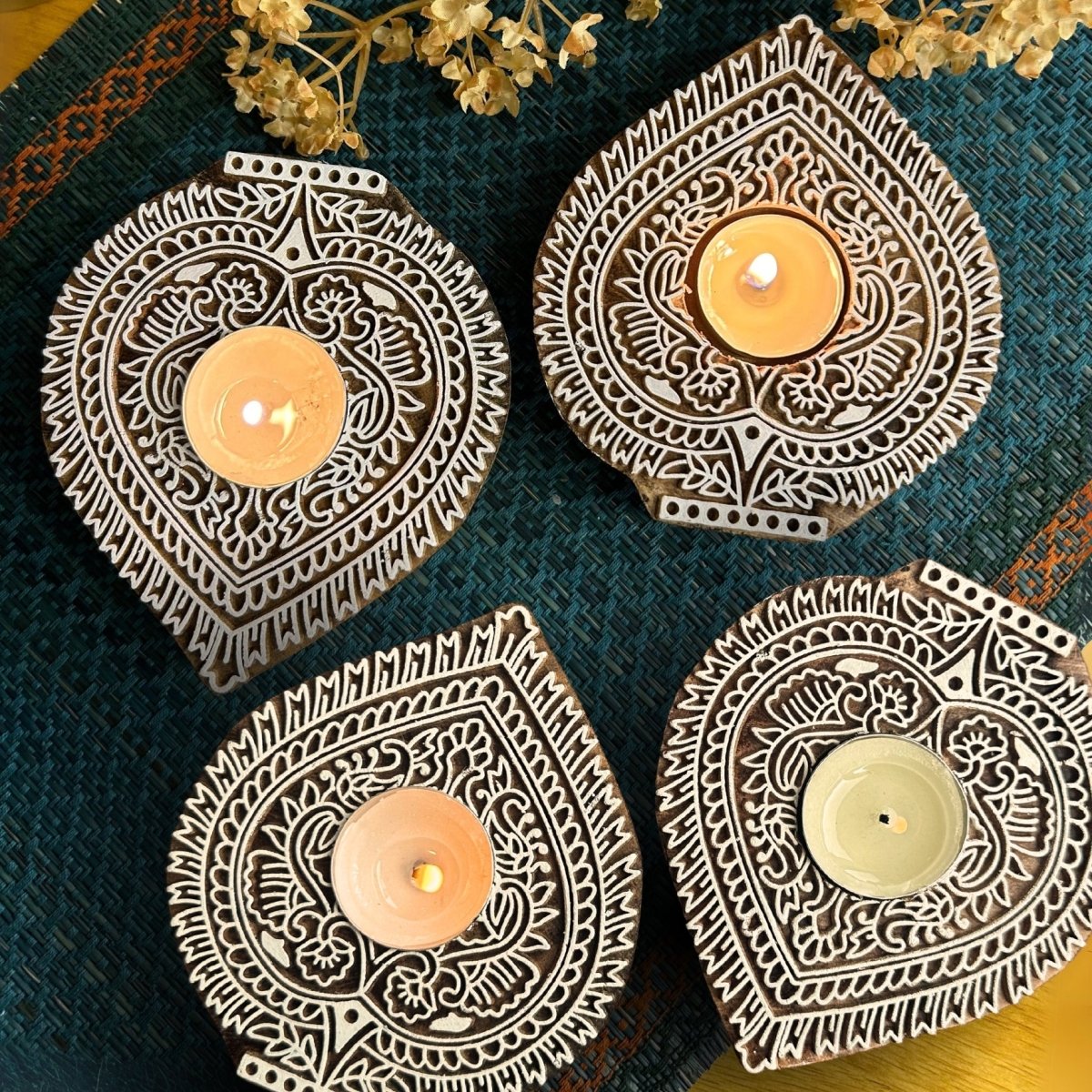 Engraved Wooden Leaf Shaped Diyas - Tea Light Holder