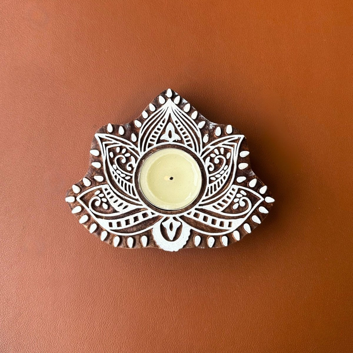 Engraved Wooden Lotus Diyas - Tea Light Holder