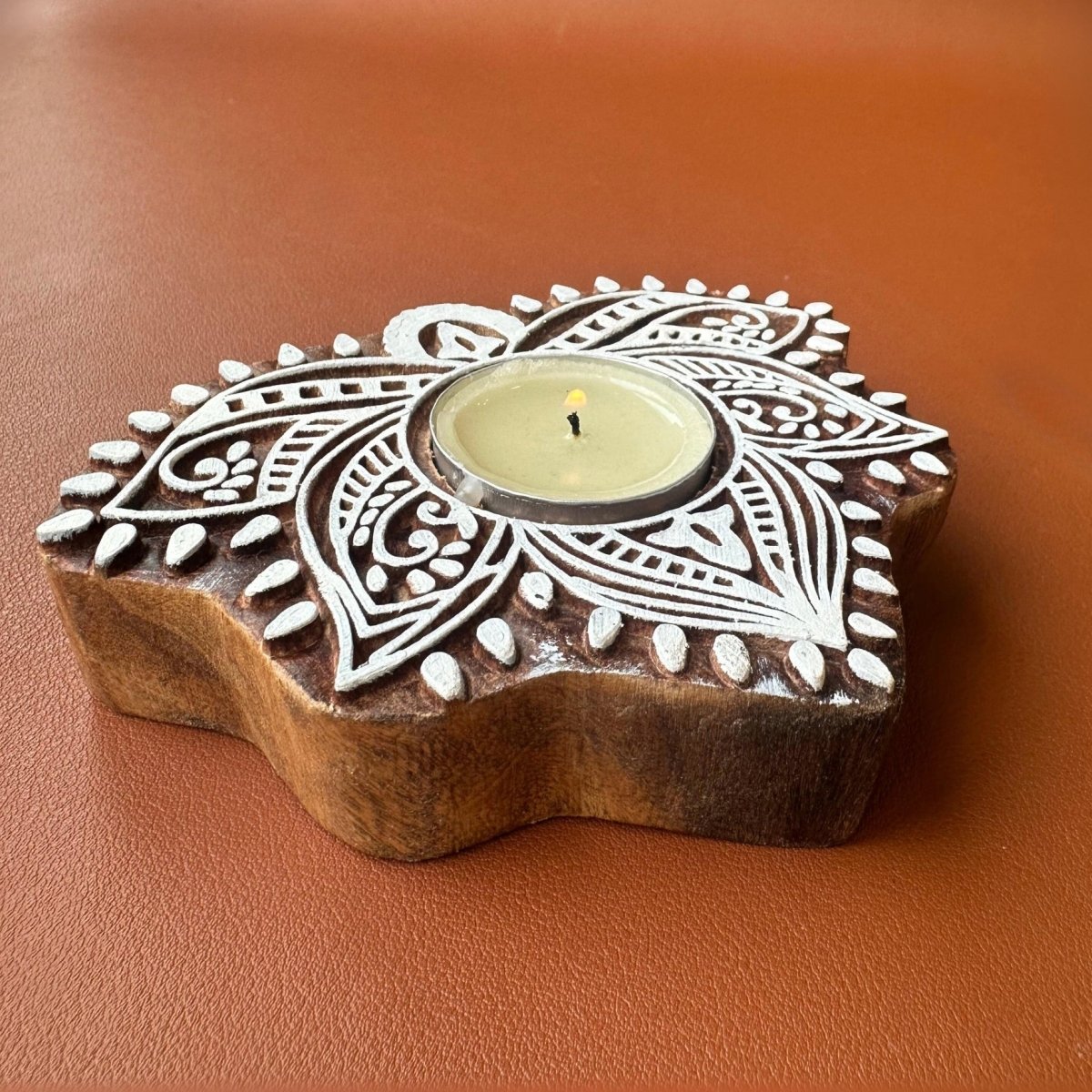 Engraved Wooden Lotus Diyas - Tea Light Holder