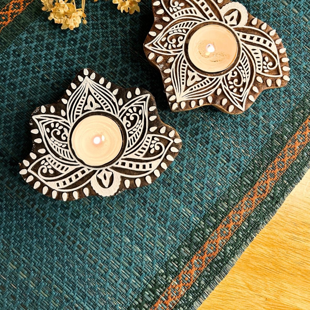 Engraved Wooden Lotus Diyas - Tea Light Holder