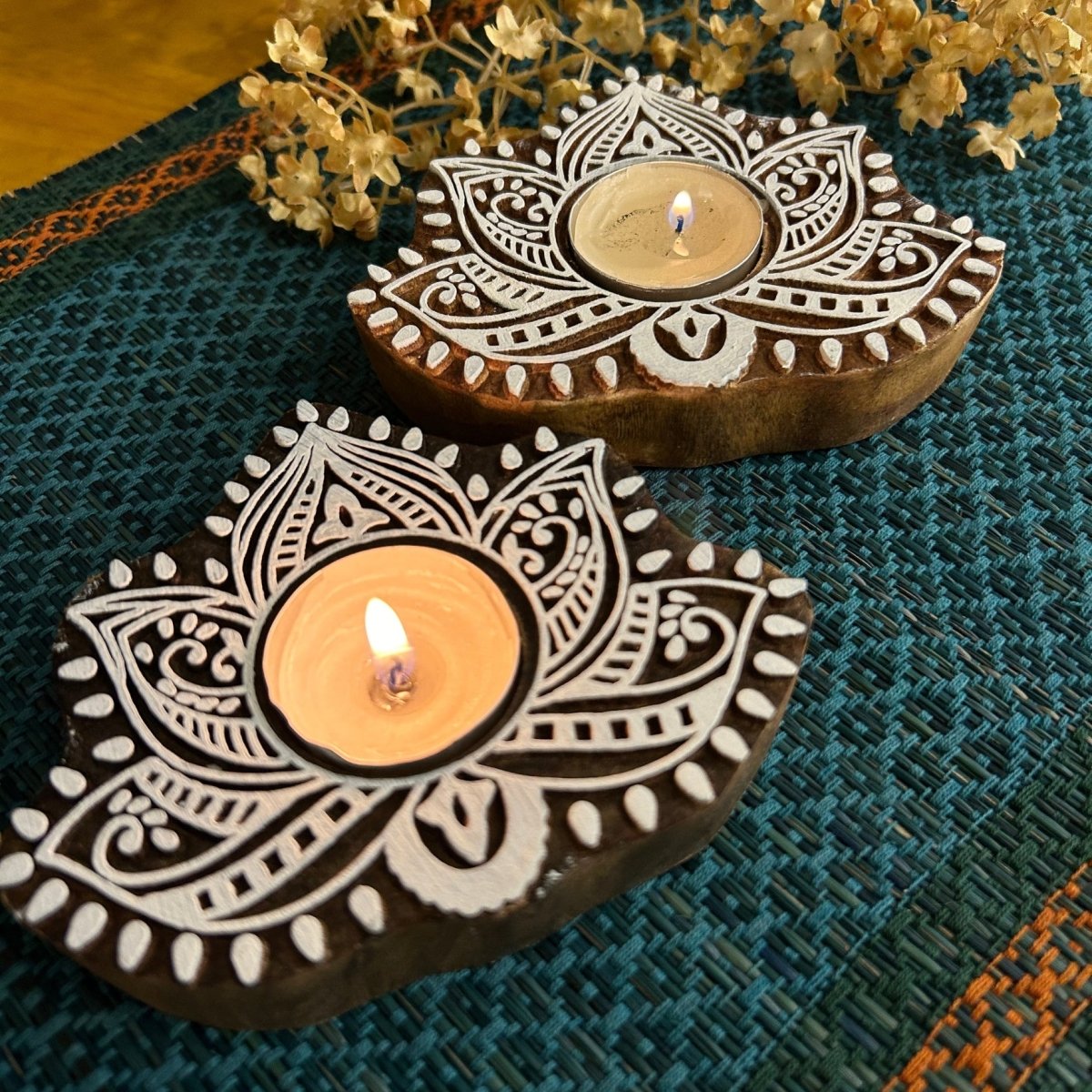 Engraved Wooden Lotus Diyas - Tea Light Holder