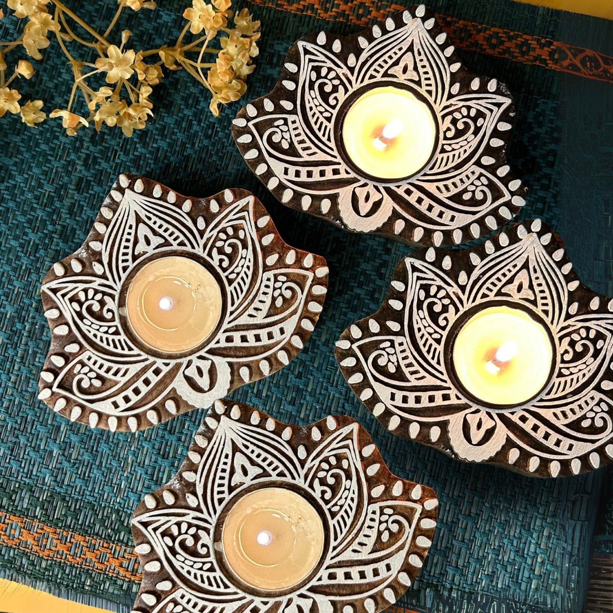 Engraved Wooden Lotus Diyas - Tea Light Holder