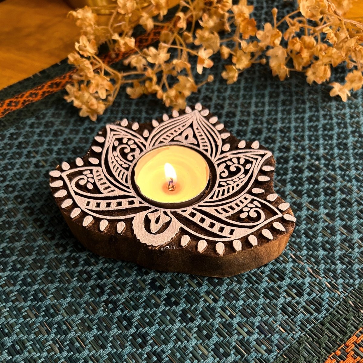 Engraved Wooden Lotus Diyas - Tea Light Holder