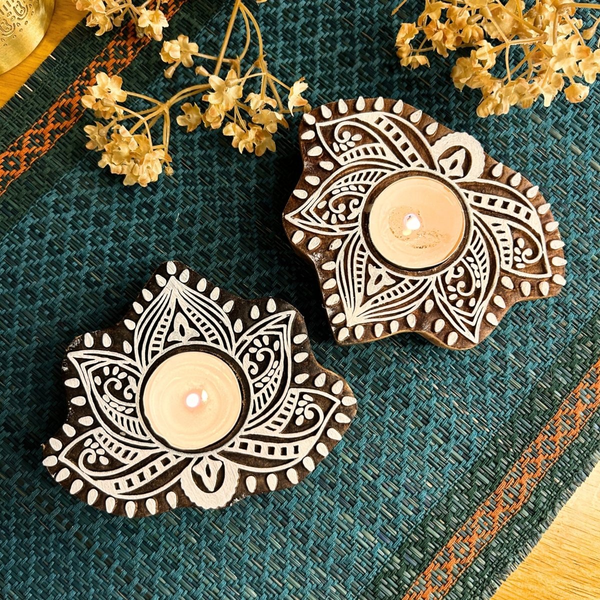 Engraved Wooden Lotus Diyas - Tea Light Holder