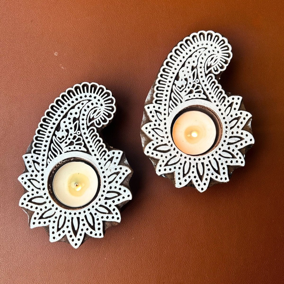 Engraved Wooden Paisley Flower Diyas - Tea Light Holder
