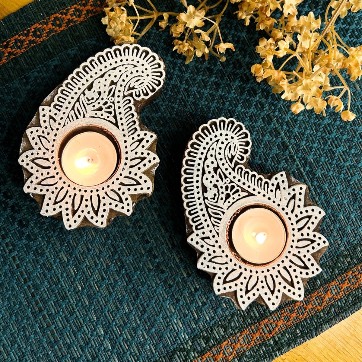 Engraved Wooden Paisley Flower Diyas - Tea Light Holder