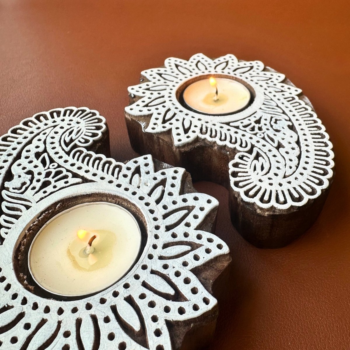Engraved Wooden Paisley Flower Diyas - Tea Light Holder
