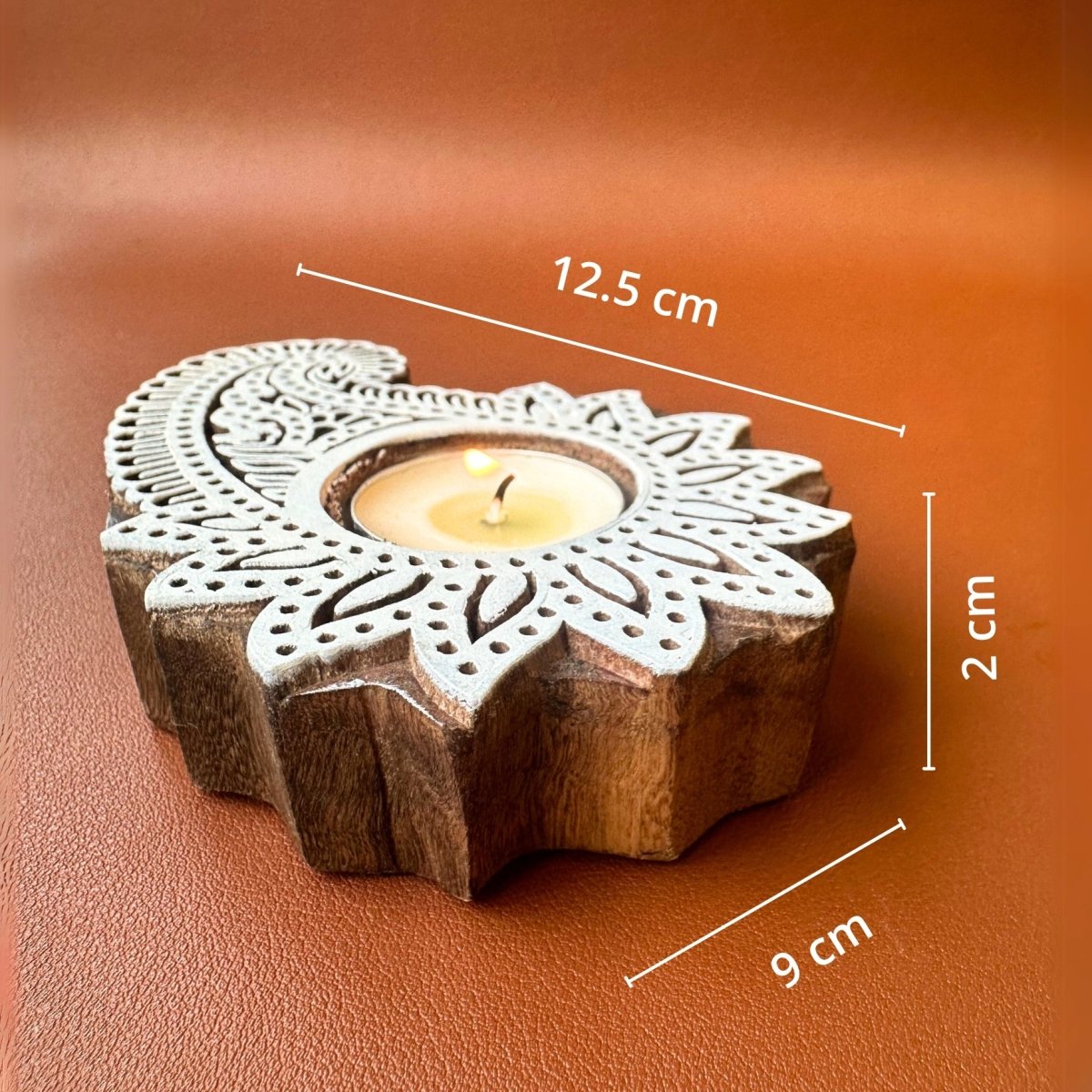 Engraved Wooden Paisley Flower Diyas - Tea Light Holder