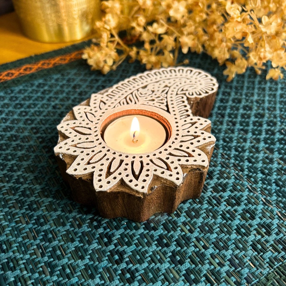 Engraved Wooden Paisley Flower Diyas - Tea Light Holder