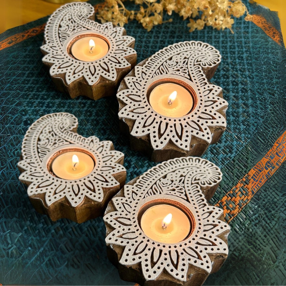 Engraved Wooden Paisley Flower Diyas - Tea Light Holder