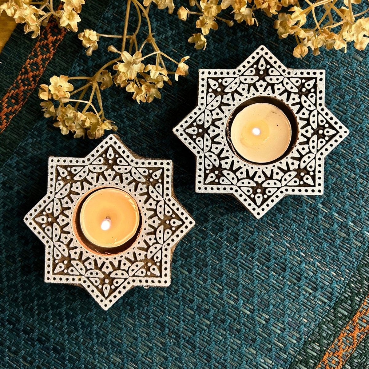 Engraved Wooden Star Shaped Diyas - Tea Light Holder