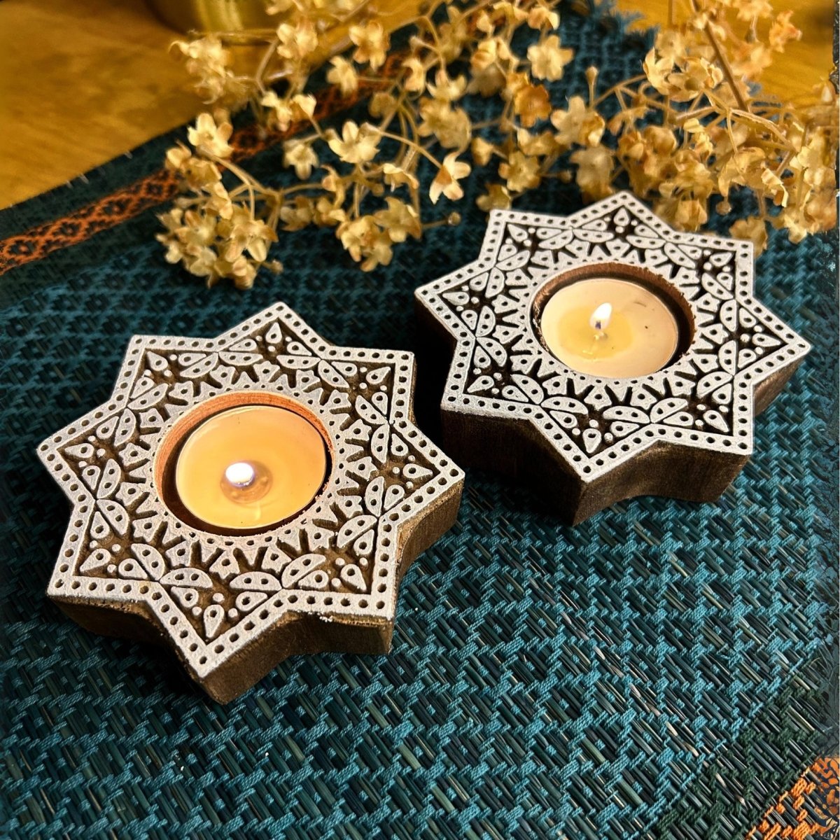 Engraved Wooden Star Shaped Diyas - Tea Light Holder