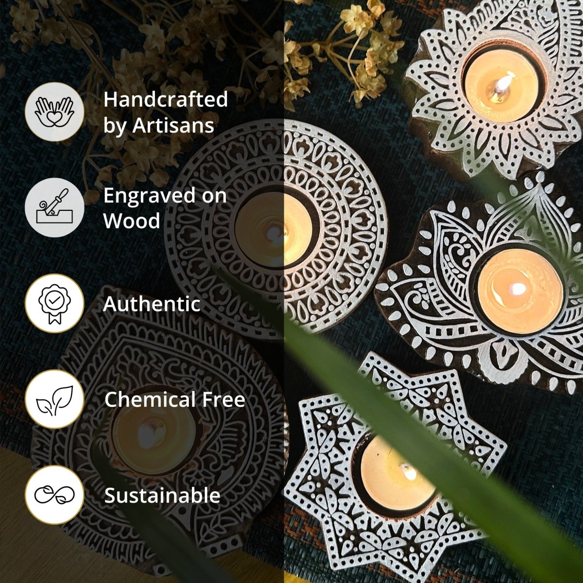 Engraved Wooden Star Shaped Diyas - Tea Light Holder