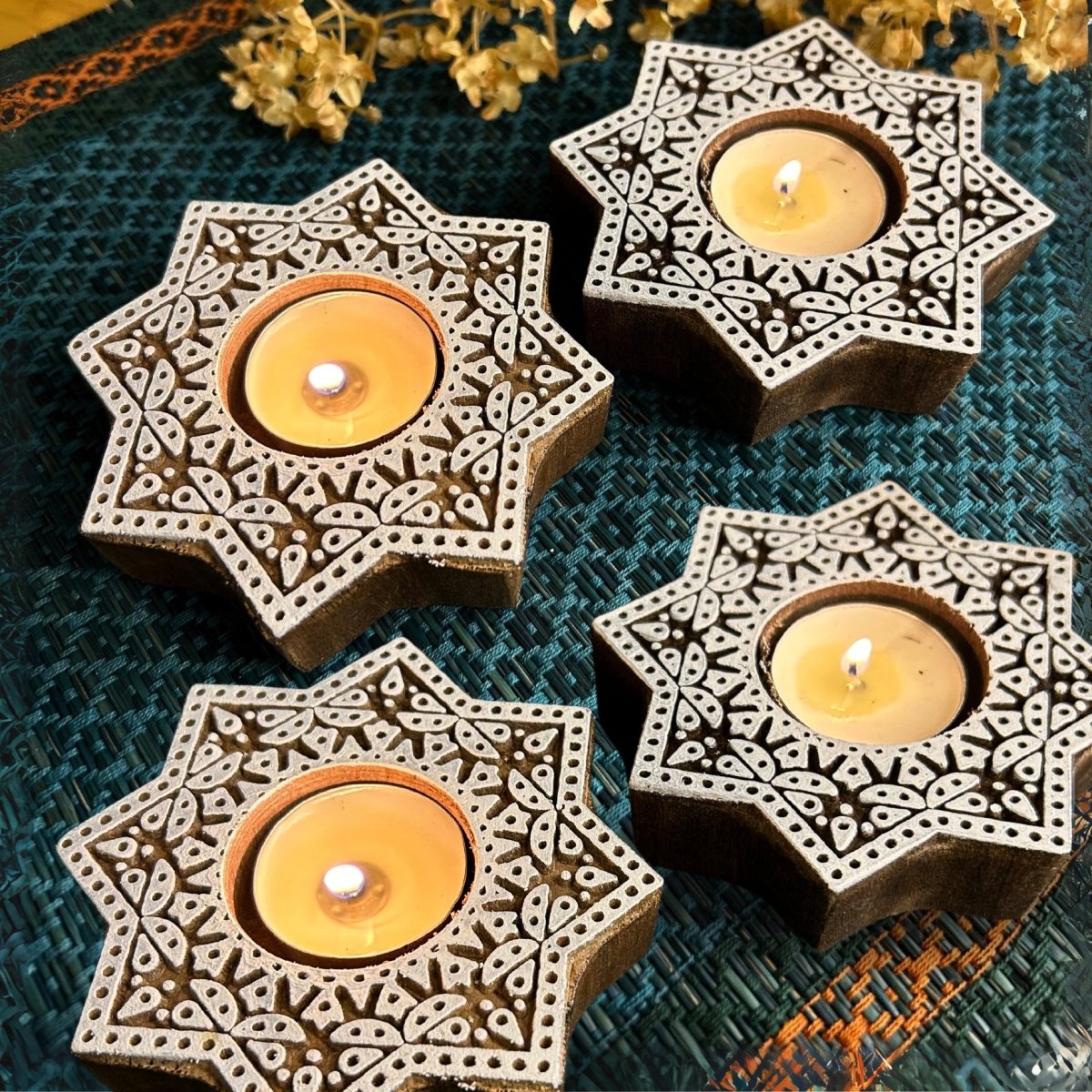 Engraved Wooden Star Shaped Diyas - Tea Light Holder