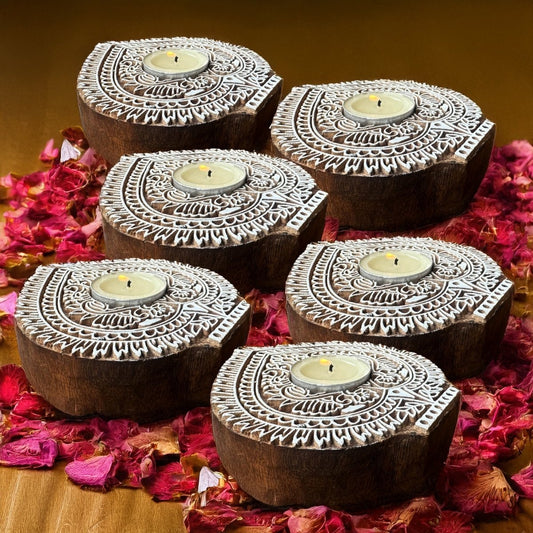 Engraved Wooden Leaf Shaped Diyas - Tea Light Holder