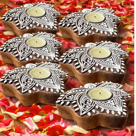 Engraved Wooden Lotus Diyas - Tea Light Holder
