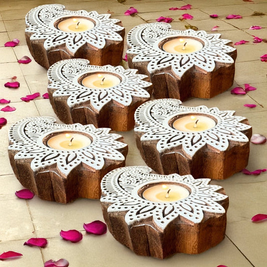 Engraved Wooden Paisley Flower Diyas - Tea Light Holder