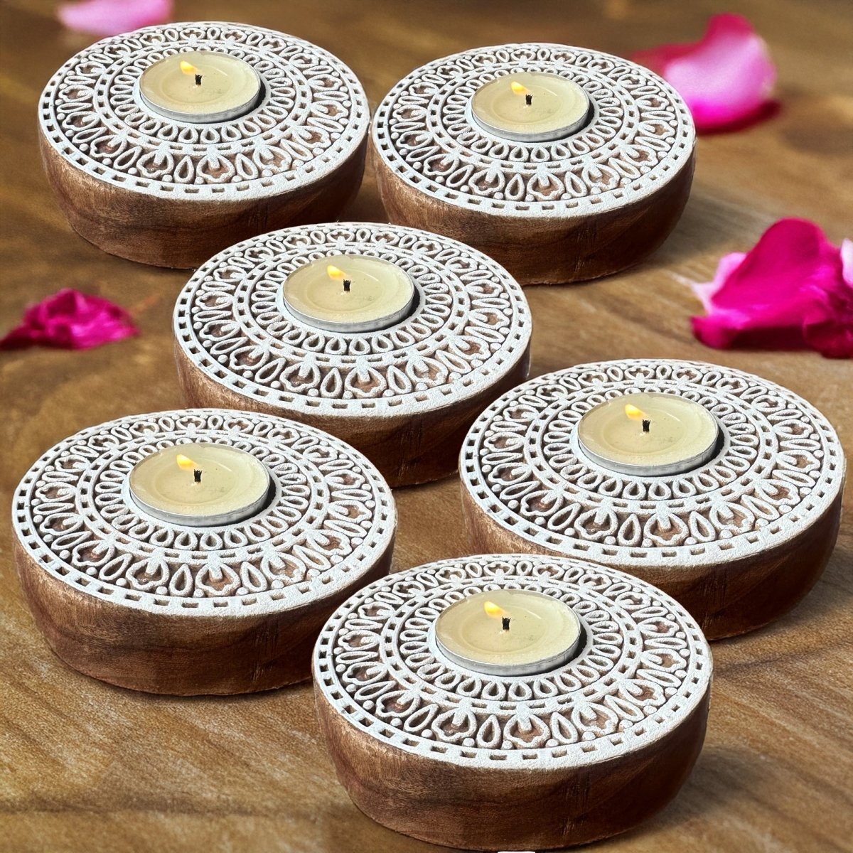 Engraved Wooden Round Diyas - Tea Light Holder