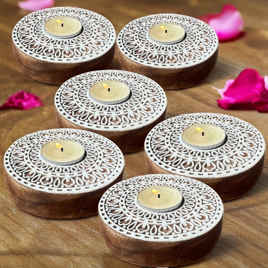 Engraved Wooden Round Diyas - Tea Light Holder