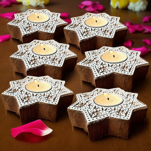 Engraved Wooden Star Shaped Diyas - Tea Light Holder