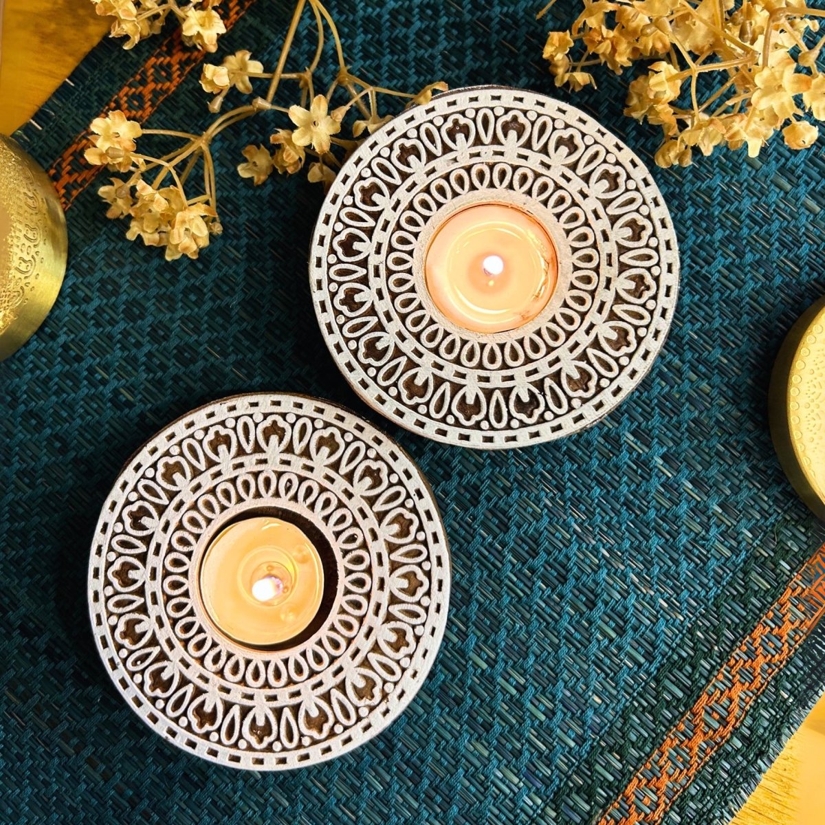 Engraved Wooden Round Diyas - Tea Light Holder