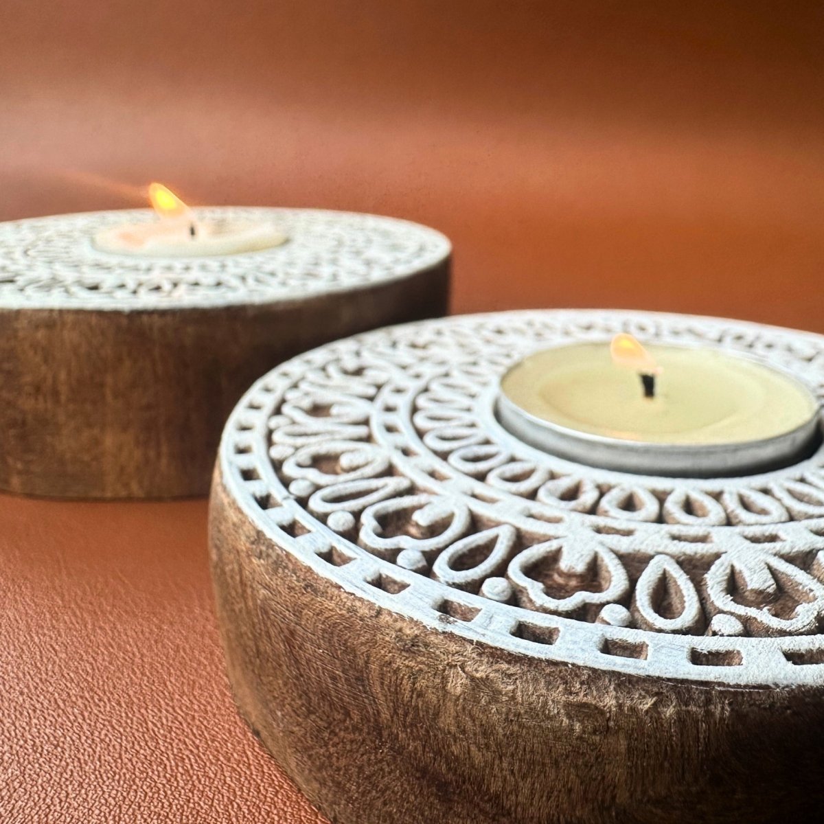 Engraved Wooden Round Diyas - Tea Light Holder