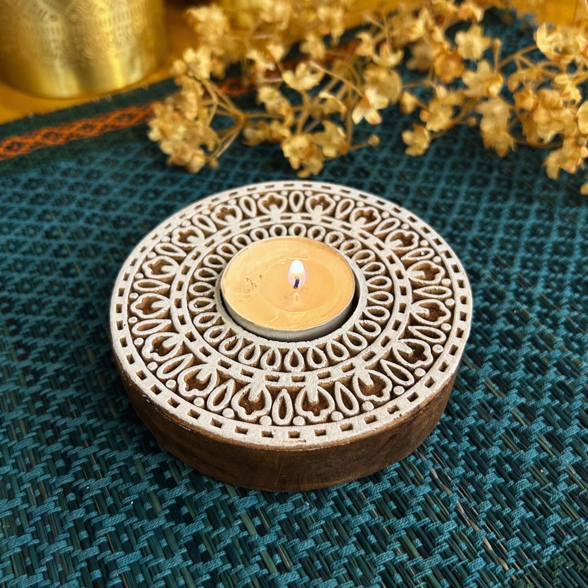 Engraved Wooden Round Diyas - Tea Light Holder