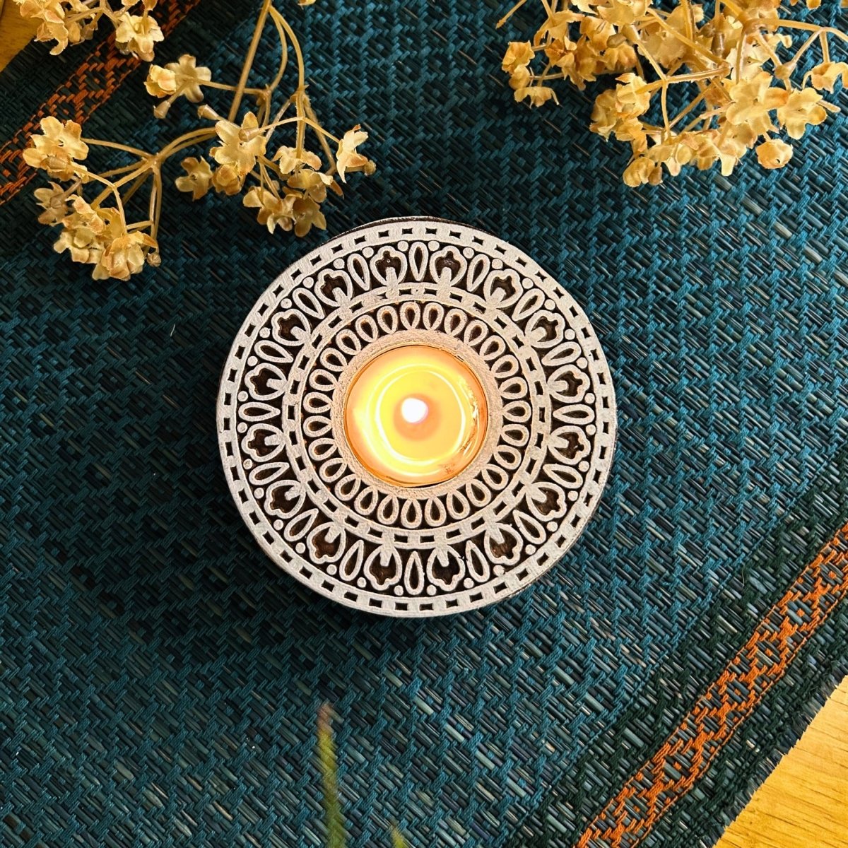 Engraved Wooden Round Diyas - Tea Light Holder