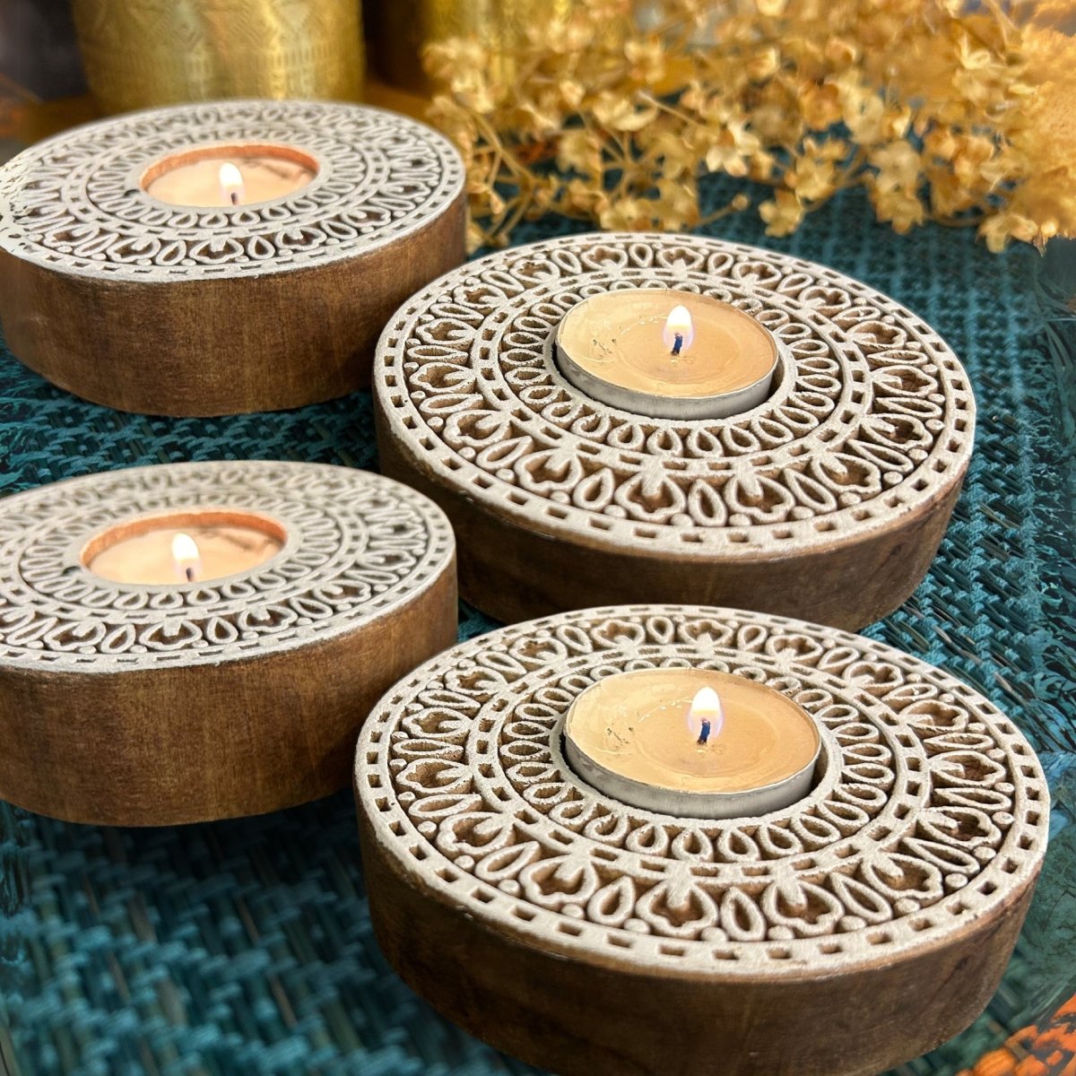 Engraved Wooden Round Diyas - Tea Light Holder