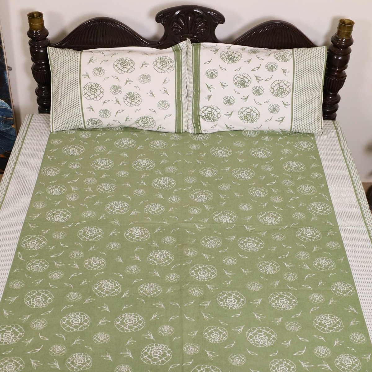 Fern Green & Off White Cotton Bedsheet with Pillow Cover | Marigold Collection