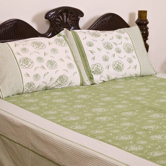 Fern Green & Off White Cotton Bedsheet with Pillow Cover | Marigold Collection