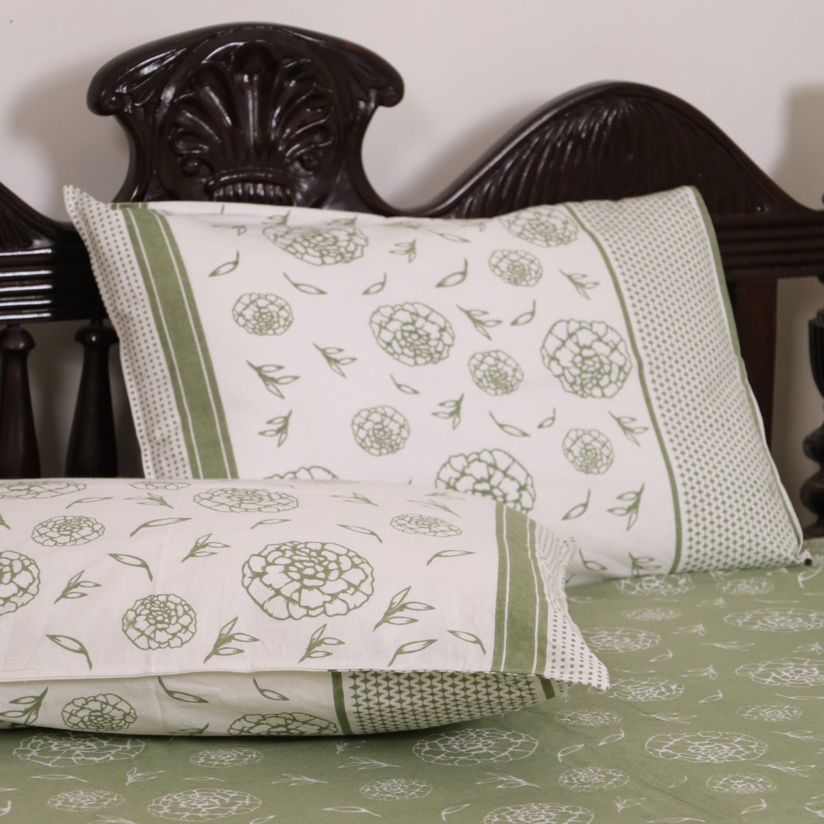 Fern Green & Off White Cotton Bedsheet with Pillow Cover | Marigold Collection