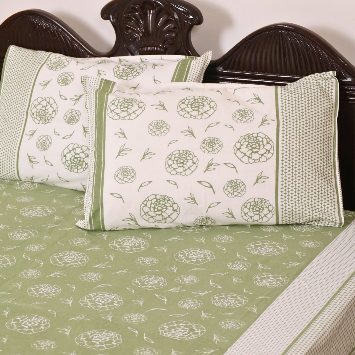 Fern Green & Off White Cotton Bedsheet with Pillow Cover | Marigold Collection
